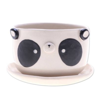 Alternate image for Hand-Painted Panda-Shaped Ceramic Flower Pot and Saucer Set Panda Blossoming