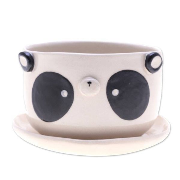 Alternate image for Hand-Painted Panda-Shaped Ceramic Flower Pot and Saucer Set Panda Blossoming