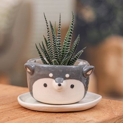 Alternate image for Thai Husky Dog-Themed Mini Flower Pot and Saucer Small Husky Spring