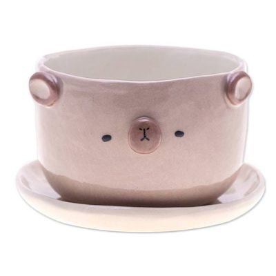 Alternate image for Thai Bear-Themed Glazed Ceramic Flower Pot and Saucer Set Bear Blossoming