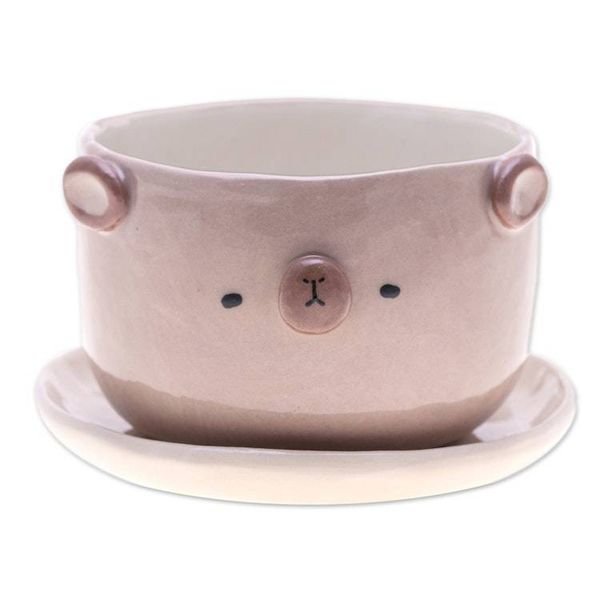 Alternate image for Thai Bear-Themed Glazed Ceramic Flower Pot and Saucer Set Bear Blossoming