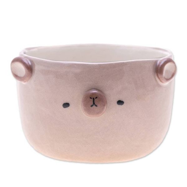 Alternate image for Thai Bear-Themed Glazed Ceramic Flower Pot and Saucer Set Bear Blossoming