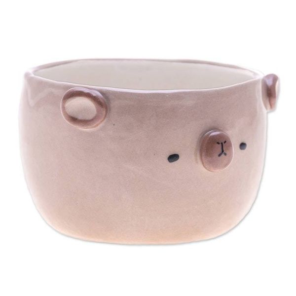 Alternate image for Thai Bear-Themed Glazed Ceramic Flower Pot and Saucer Set Bear Blossoming