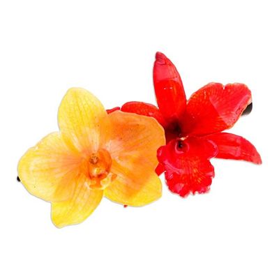 Alternate image for Autumn-Inspired Yellow and Red Orchid Flower Resin Hair Clip Autumn Belle