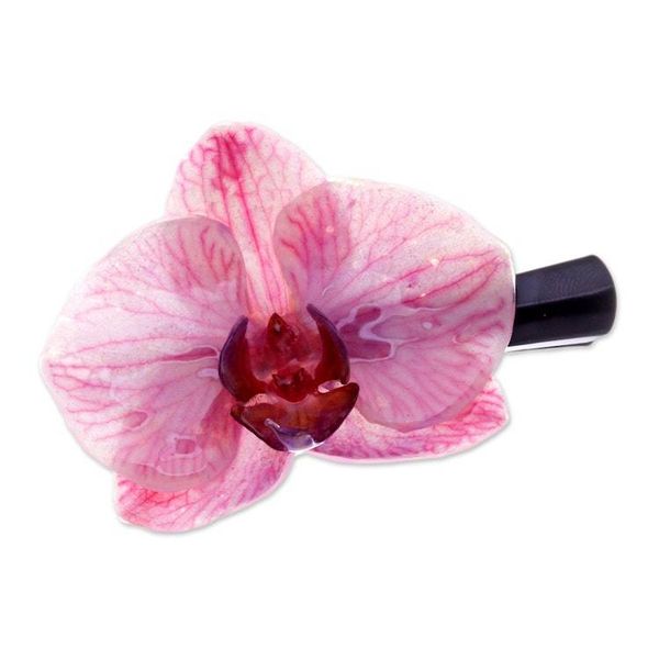 Alternate image for Spring-Themed Resin Pink Orchid Stainless Steel Hair Clip Primaveral Fantasy