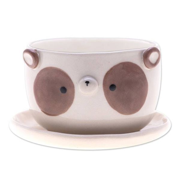 Alternate image for Painted Brown Panda-Shaped Ceramic Flower Pot and Saucer Set Brown Panda Blossoming