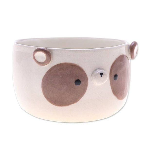 Alternate image for Painted Brown Panda-Shaped Ceramic Flower Pot and Saucer Set Brown Panda Blossoming