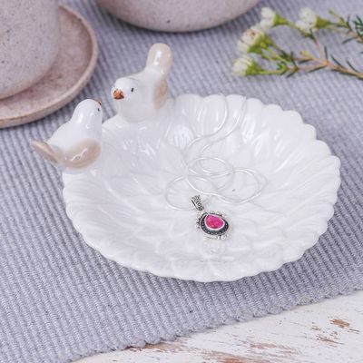Alternate image for Handcrafted Bird-Themed Floral White Ceramic Catchall Birds Peace