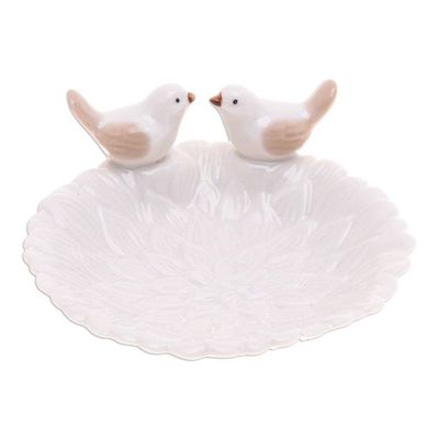 Alternate image for Handcrafted Bird-Themed Floral White Ceramic Catchall Birds Peace