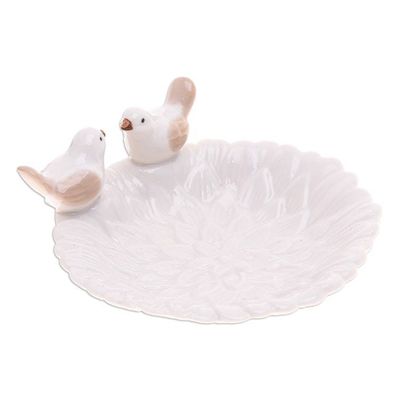 Alternate image for Handcrafted Bird-Themed Floral White Ceramic Catchall Birds Peace