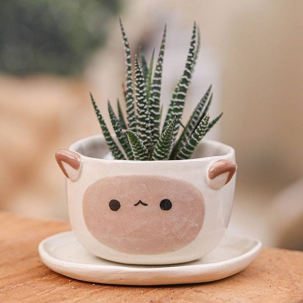 Alternate image for Handcrafted Ceramic Sheep Mini Flower Pot and Saucer Small Sheep Spring