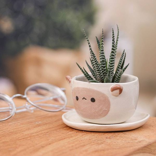 Alternate image for Handcrafted Ceramic Sheep Mini Flower Pot and Saucer Small Sheep Spring