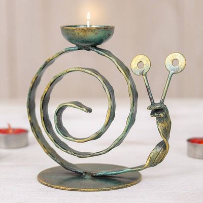 Alternate image for Handcrafted Iron Snail Tealight Holder with Antique Finish Happy Snail in Green