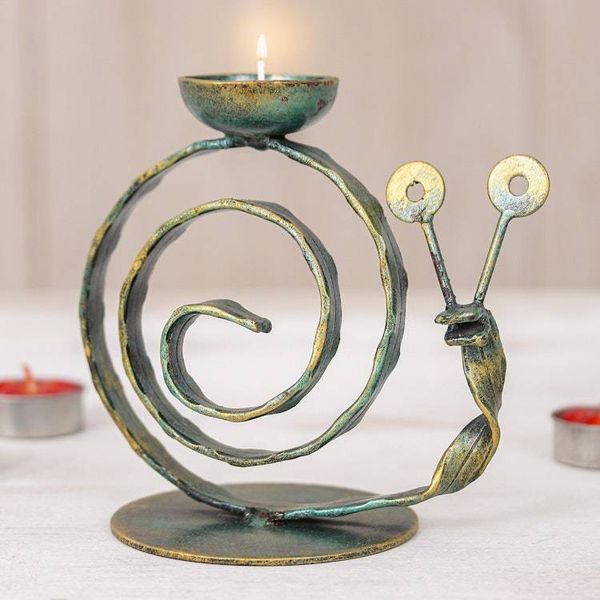 Alternate image for Handcrafted Iron Snail Tealight Holder with Antique Finish Happy Snail in Green