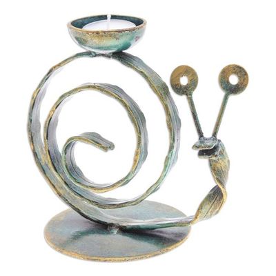Alternate image for Handcrafted Iron Snail Tealight Holder with Antique Finish Happy Snail in Green