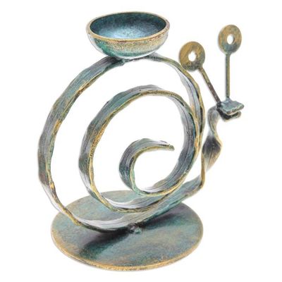 Alternate image for Handcrafted Iron Snail Tealight Holder with Antique Finish Happy Snail in Green