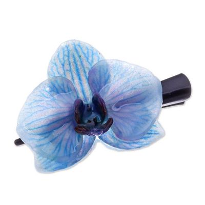 Alternate image for Floral Resin-Coated Blue Orchid Stainless Steel Hair Clip Winter Fantasy