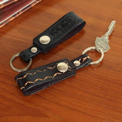 Alternate image for Hand Tooled Black Leather Key Rings Pair Key to Success in Black