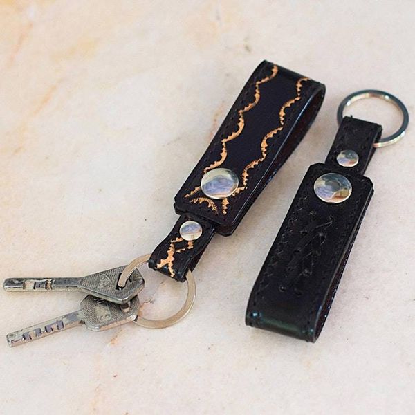 Alternate image for Hand Tooled Black Leather Key Rings Pair Key to Success in Black