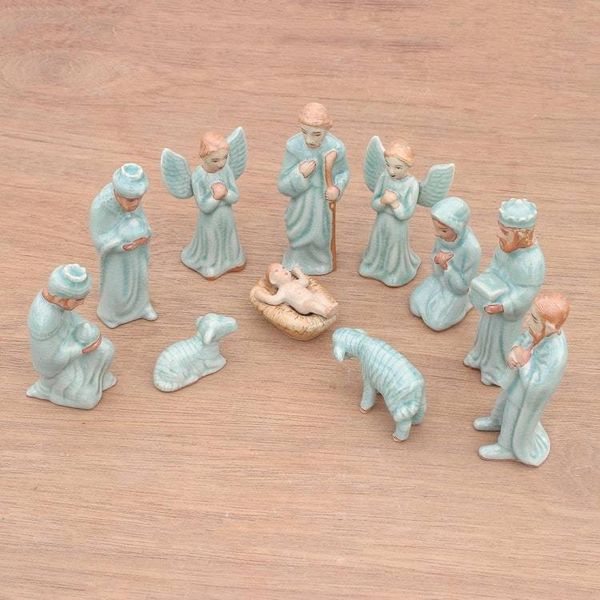 Alternate image for Celadon Ceramic Nativity Scene from Thailand 11 Piece Nativity of Peace