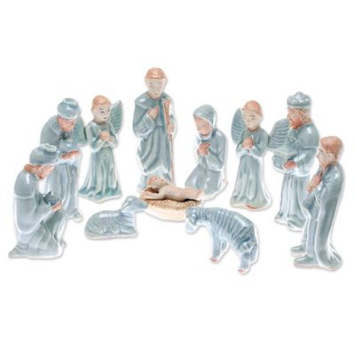 Alternate image for Celadon Ceramic Nativity Scene from Thailand 11 Piece Nativity of Peace