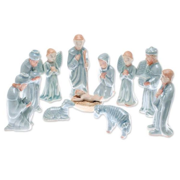 Alternate image for Celadon Ceramic Nativity Scene from Thailand 11 Piece Nativity of Peace