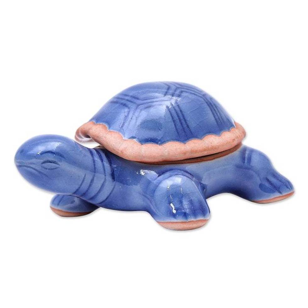 Handmade Celadon Ceramic Turtle Decorative Box 'Blue Turtle'