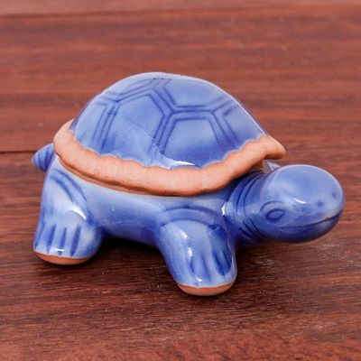 Alternate image for Handmade Celadon Ceramic Turtle Decorative Box Blue Turtle