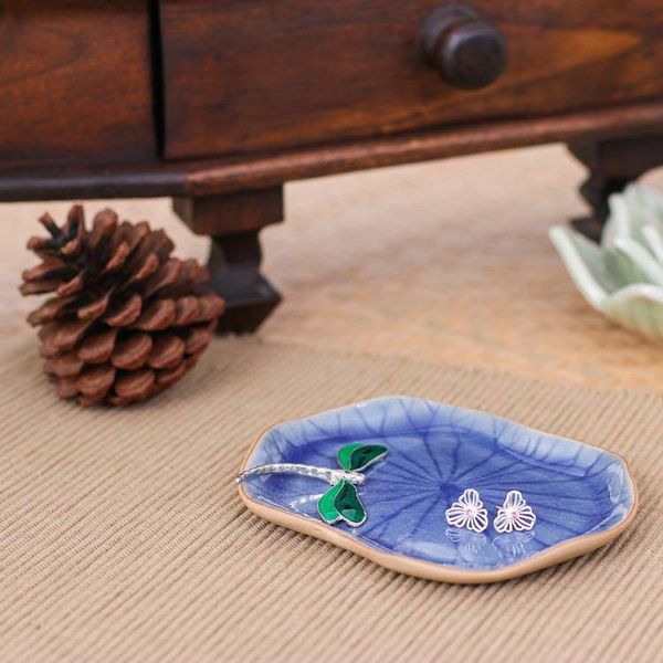 Alternate image for Handcrafted Blue Dragonfly-Themed Celadon Ceramic Catchall Dreamy Dragonfly