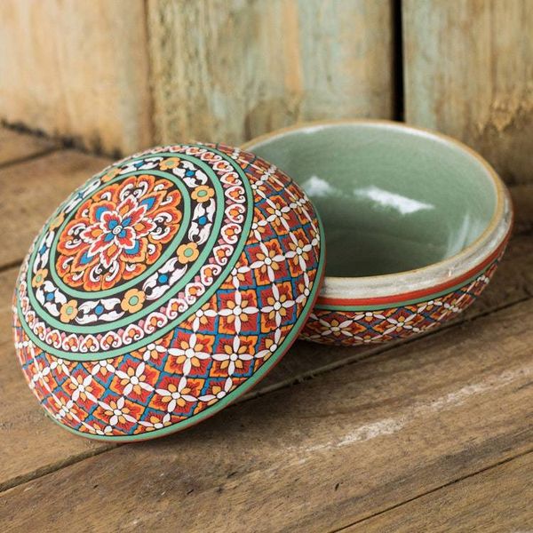 Alternate image for Colorful Artisan Hand-Painted Round Celadon Jewelry Box Thai Enchantment