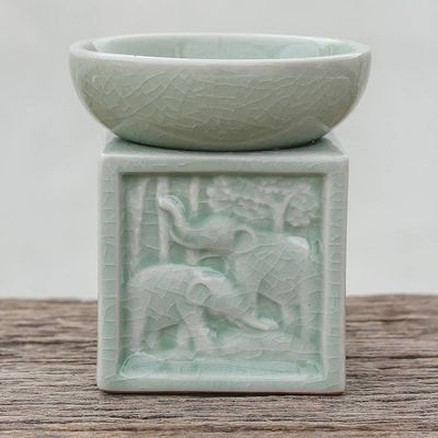 Alternate image for Elephant-Themed Celadon Ceramic Oil Warmer from Thailand Elephant Jungle