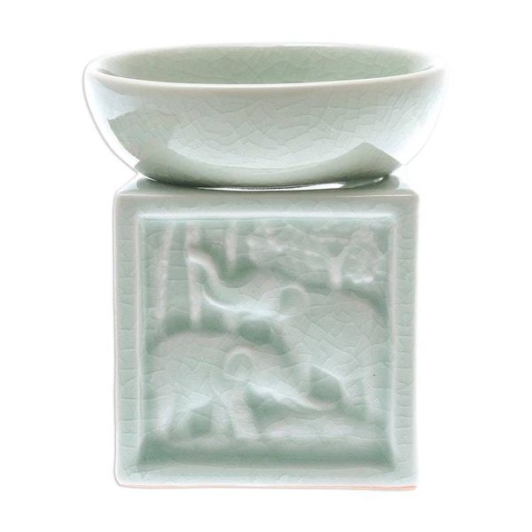 Alternate image for Elephant-Themed Celadon Ceramic Oil Warmer from Thailand Elephant Jungle