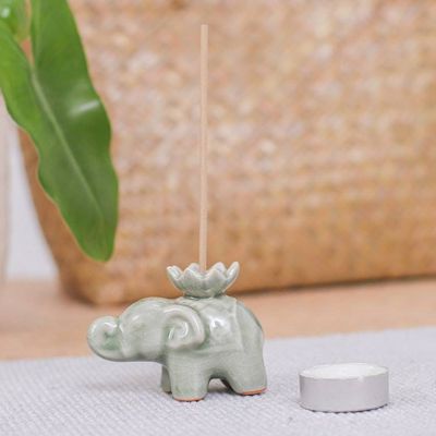 Alternate image for Elephant and Lotus Ceramic Incense Holder Single Lotus Elephant