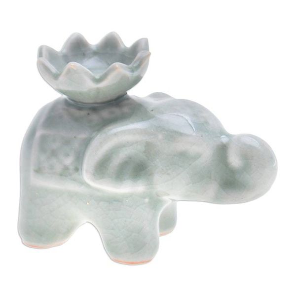 Alternate image for Elephant and Lotus Ceramic Incense Holder Single Lotus Elephant