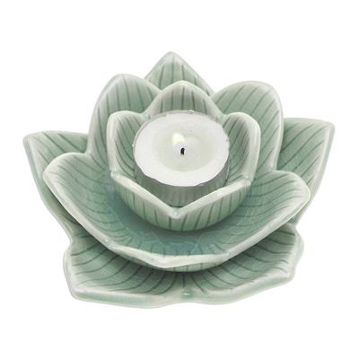 Alternate image for Lotus-Shaped Celadon Ceramic Tealight Candleholder in Green Blooming Lotus