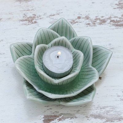 Alternate image for Lotus-Shaped Celadon Ceramic Tealight Candleholder in Green Blooming Lotus