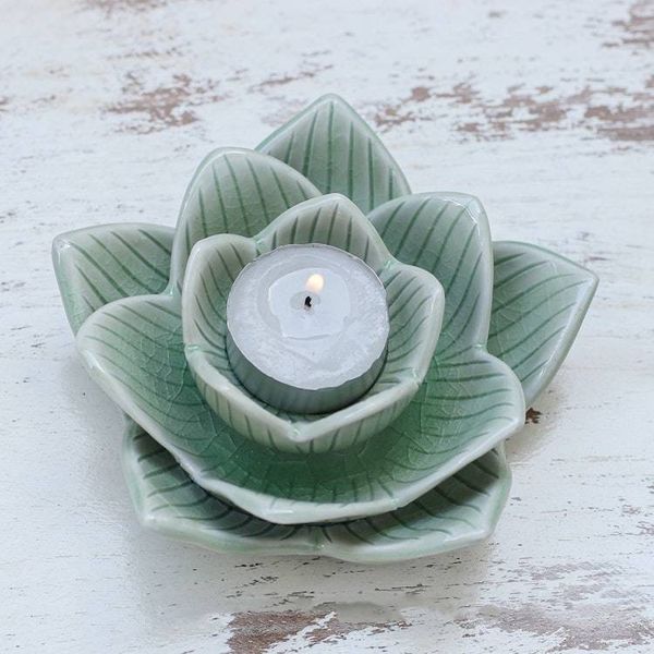 Alternate image for Lotus-Shaped Celadon Ceramic Tealight Candleholder in Green Blooming Lotus