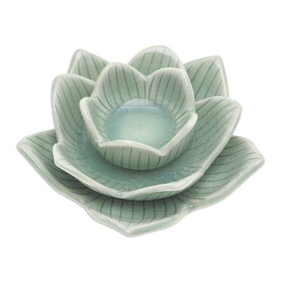 Alternate image for Lotus-Shaped Celadon Ceramic Tealight Candleholder in Green Blooming Lotus