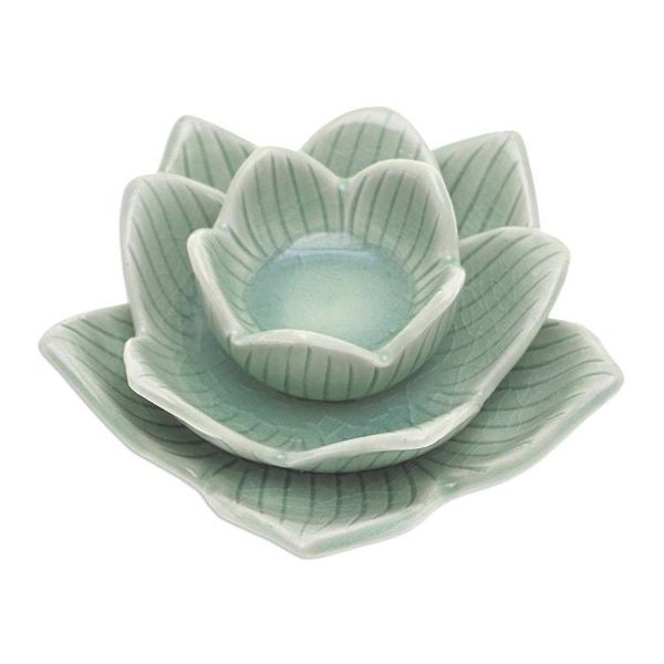 Alternate image for Lotus-Shaped Celadon Ceramic Tealight Candleholder in Green Blooming Lotus