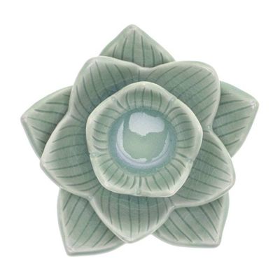 Alternate image for Lotus-Shaped Celadon Ceramic Tealight Candleholder in Green Blooming Lotus