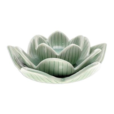 Alternate image for Lotus-Shaped Celadon Ceramic Tealight Candleholder in Green Blooming Lotus
