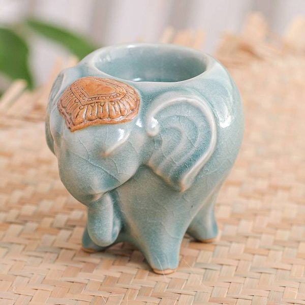 Alternate image for Handcrafted Thai Ceramic Elephant Tealight Holder in Green Bright Elephant in Green