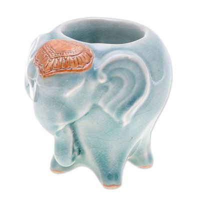 Alternate image for Handcrafted Thai Ceramic Elephant Tealight Holder in Green Bright Elephant in Green