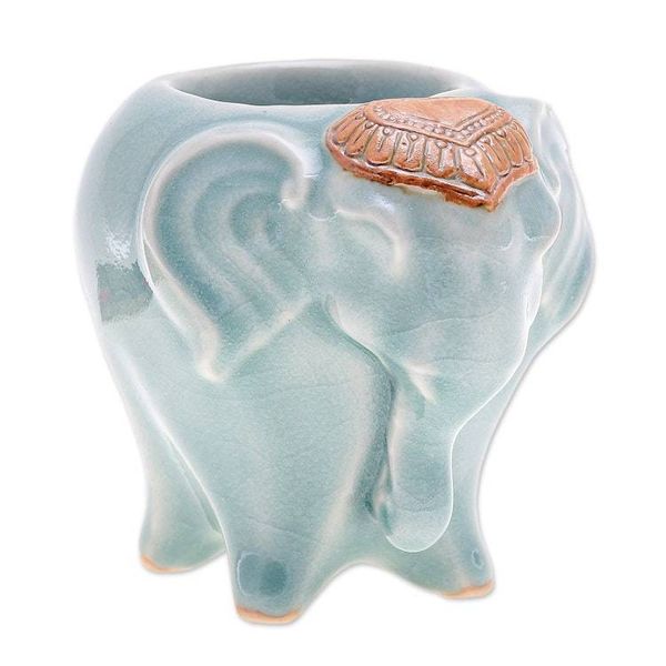 Alternate image for Handcrafted Thai Ceramic Elephant Tealight Holder in Green Bright Elephant in Green