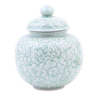 Alternate image for Hand Crafted Celadon Ceramic Floral-Themed Jar Flower Fairy