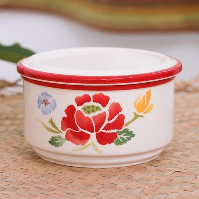 Primary image for Hand-Painted Round Ceramic Box Poppy Garden in Red