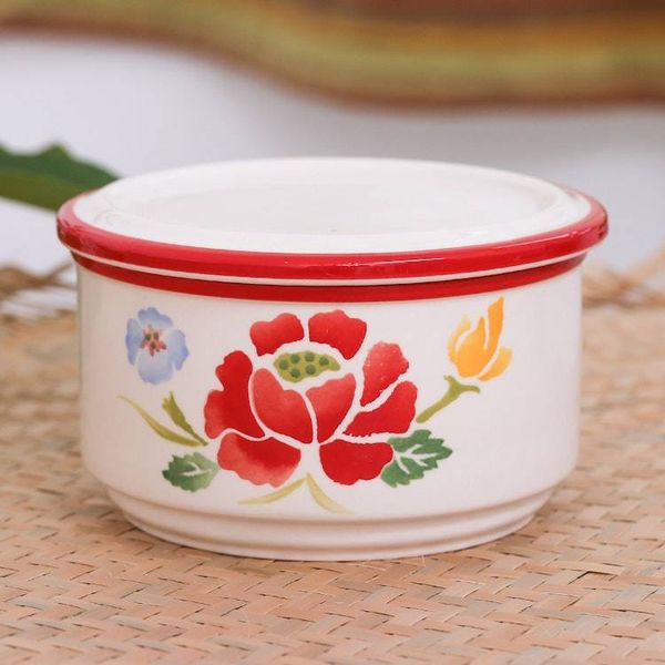 Alternate image for Hand-Painted Round Ceramic Box Poppy Garden in Red