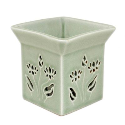 Alternate image for Floral Ceramic Clay Tealight Oil Warmer Handcrafted Thailand Lotus Garden