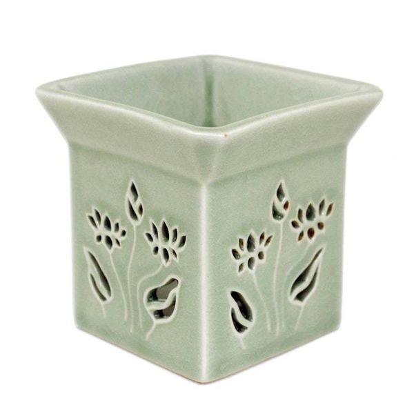 Alternate image for Floral Ceramic Clay Tealight Oil Warmer Handcrafted Thailand Lotus Garden