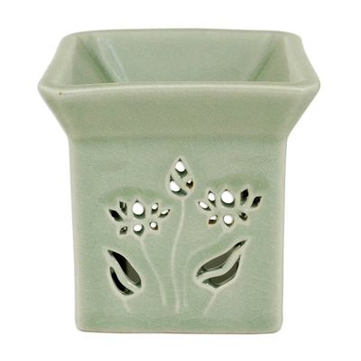 Alternate image for Floral Ceramic Clay Tealight Oil Warmer Handcrafted Thailand Lotus Garden